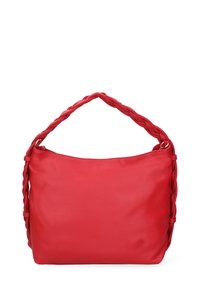 Borsa a mano in pelle rossa con manico intrecciato. Texture liscia, design ampio, chiusura con zip in alto. Estetica minimalista senza loghi visibili.
