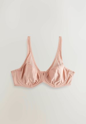 Light pink bra with a smooth satin-like material, featuring lace accents on the sides, underwire support, and adjustable straps.