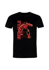 Svart bomulls t-shirt med en grafisk tryck av Red Hulk, med livfulla röda och svarta färger som visar en aggressiv pose och muskulös detalj.