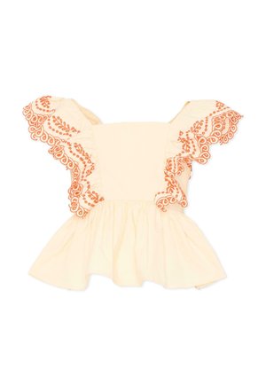 Vestito per bambino color crema con maniche svolazzanti dettagliate con motivi floreali ricamati in arancione e orlo a peplo arricciato.