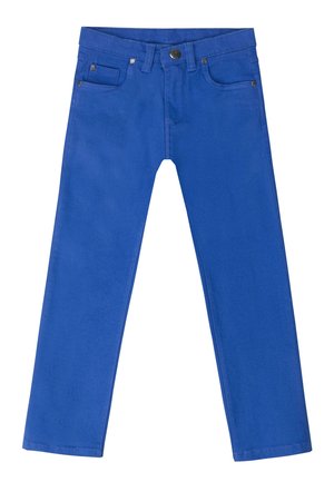 Helle blaue Jeans mit geradem Bein, ausgestattet mit fünf Taschen und einem Metallknopfverschluss an der Taille. Gleichmäßige Textur überall.