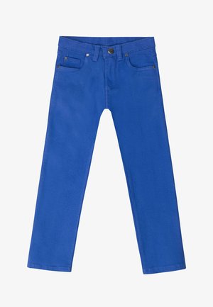 Jasně modré džíny z denimu s přímým střihem nohavic, pět kapes a kovové zapínání na knoflík v pase. Hladká textura po celé délce.