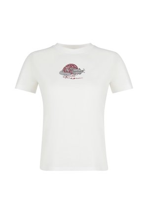 White cotton t-shirt featuring a gray and burgundy graphic of a cat tangled in yarn, with "meow" text below the illustration.
