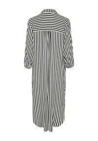 Striped dress in navy and cream, featuring a collar, three-quarter sleeves, back pleat detail, and a relaxed fit for ease of movement.