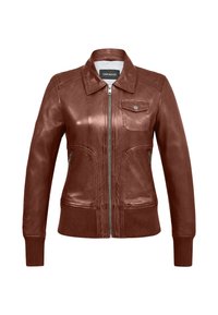 Brun läderjacka med dragkedja framtill, krage och bröstficka. Har sträckt stickade ärmslut och nederkant, med sömdetaljer.