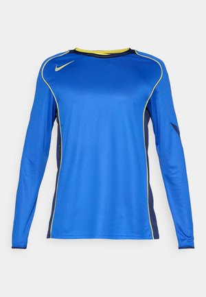 Dug dugi majica za sport u živahnoj plavoj boji, s žutim detaljima i mrežastom teksturom sa strane. Nike logo prikazan na prsima.