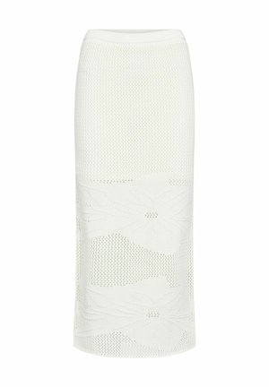 Fustă creion tricotată, albă, cu un design texturat. Prezintă modele florale și o siluetă ajustată. Include o talie elastică.