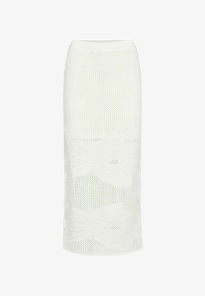 Stickad pennkjol i vitt med en texturerad design. Har blommönster och en figursydd silhuett. Elastisk midja ingår.