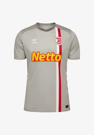 Maglia sportiva grigia con scollo rotondo, caratterizzata dal logo giallo "Netto", striscia verticale rossa e dettagli a motivo chevron grigio sulle spalle.