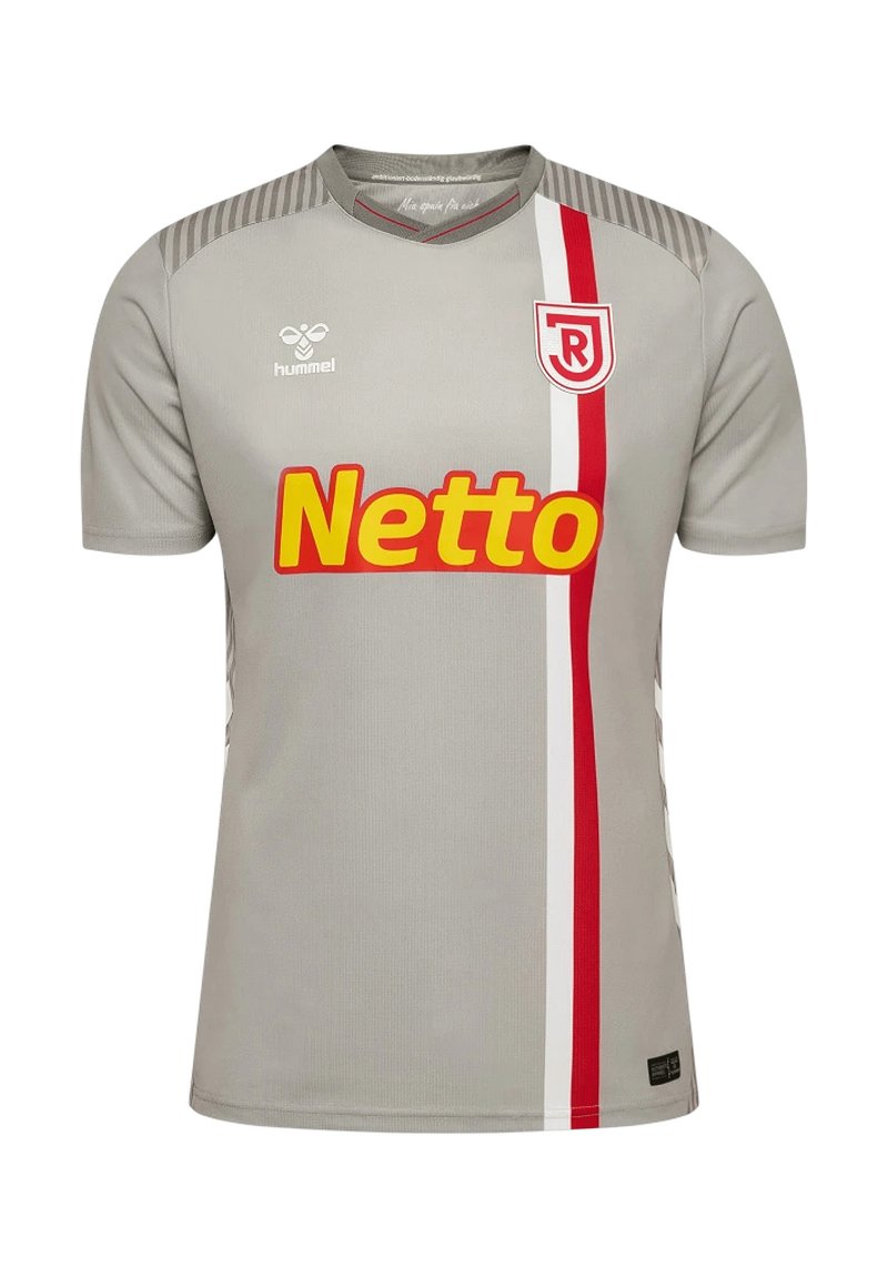 Graues Sporttrikot mit Rundhalsausschnitt, mit gelbem "Netto"-Logo, rotem vertikalem Streifen und grauen Chevron-Musterakzenten auf den Schultern.
