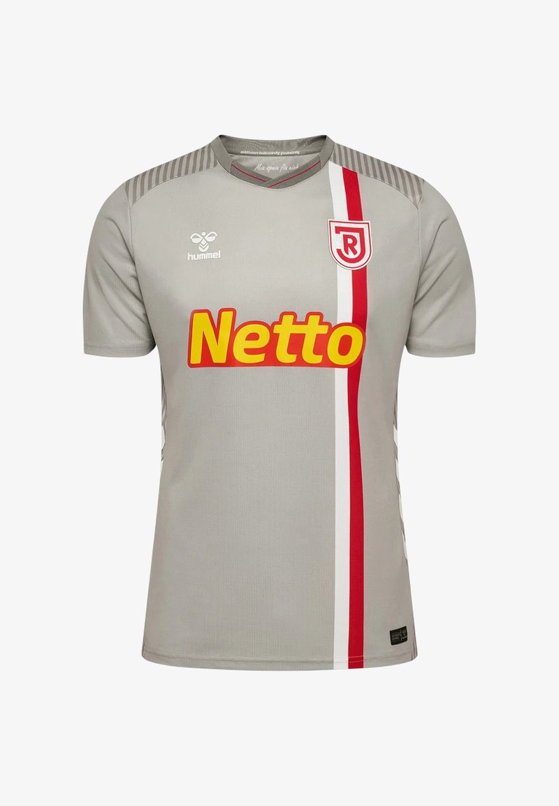 Graues Sporttrikot mit Rundhalsausschnitt, mit gelbem "Netto"-Logo, rotem vertikalem Streifen und grauen Chevron-Musterakzenten auf den Schultern.