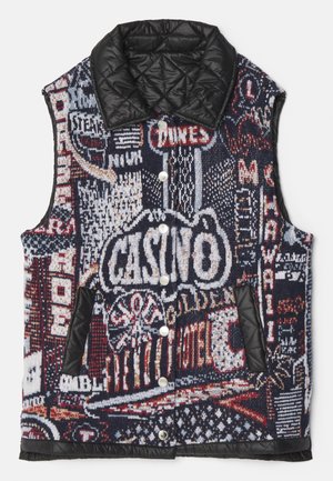 Siuvinėtas liemenės, turinčios daugiaspalvį, grafišką megztą raštą su įvairiais ženklų motyvais ir lygiu juodu audiniu apykakle bei kišenėmis.