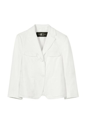 Weißer, maßgeschneiderter Blazer mit notched Revers, zwei vorderen Pattentaschen, zwei unteren aufgesetzten Taschen und zwei Knöpfen am vorderen Verschluss.