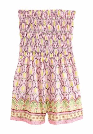 Combinaison courte rose avec haut smocké, motif de citrons jaunes et feuilles vertes, et bordure florale décorative à l'ourlet.