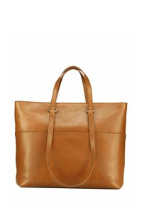 Sac fourre-tout en cuir tan avec deux poignées, une texture lisse, une poche frontale et un branding discret près de la base. Forme rectangulaire.