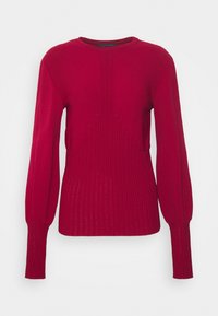 Roter Strickpullover mit langen gerippten Ärmeln, einem runden Ausschnitt und strukturierten Designelementen an Vorder- und Rückseite.