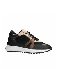 Zwarte en gouden sportsneakers met een gemengd materiaalontwerp met suede en synthetische accenten, een gewatteerde kraag en een witte tussenzool.