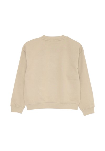 Felpa beige con girocollo realizzata in tessuto morbido, dotata di maniche lunghe e orlo a coste. Il retro è semplice, senza grafiche o dettagli visibili.