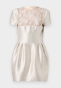 Lyhythihainen, istuva mekko metallinhohtoisesta hopeakankaasta, jossa on läpikuultava kukka-ompelus pääntiellä ja laskostetut yksityiskohdat hameessa.