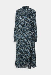 Langarmkleid aus leichtem, durchscheinendem Stoff mit einem blauen und grünen Blumenmuster auf dunklem Hintergrund. Mit Knopfverschluss und gerafftem Taillendetail.