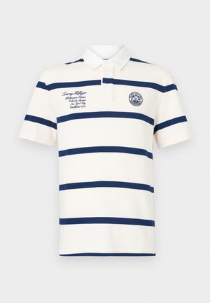 Polohemd in Creme mit navyblauen Horizontalstreifen. Mit einem Kragen, einer Knopfleiste, einem Logopatch und besticktem Textdetail.