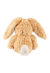 Soft plush rabbit toy in light tan with long ears and textured fur. Features a white tail and red tag at the back.