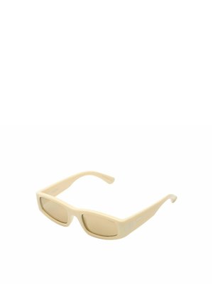 Beige rectangular sunglasses with thick frames and light brown tinted lenses, shown at a slight angle on a white background.