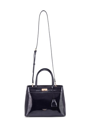 Black leather handbag with dual handles, adjustable strap, secure gold-tone clasp, smooth texture, and rectangular shape.