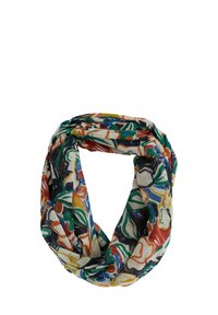 Sciarpa infinity floreale multicolore realizzata in un tessuto leggero e trasparente con motivi verdi, arancioni e blu su uno sfondo chiaro.