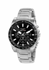 Orologio cronografo in acciaio inox con quadrante nero, lunetta tachimetrica, indicatori delle ore argentati e tre sottoquadranti. Design classico del bracciale a maglie.