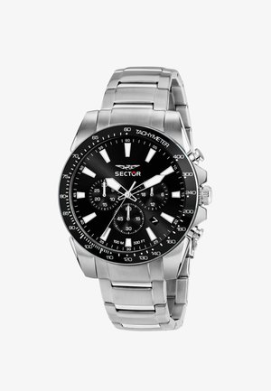 Orologio cronografo in acciaio inox con quadrante nero, lunetta tachimetrica, indicatori delle ore argentati e tre sottoquadranti. Design classico del bracciale a maglie.