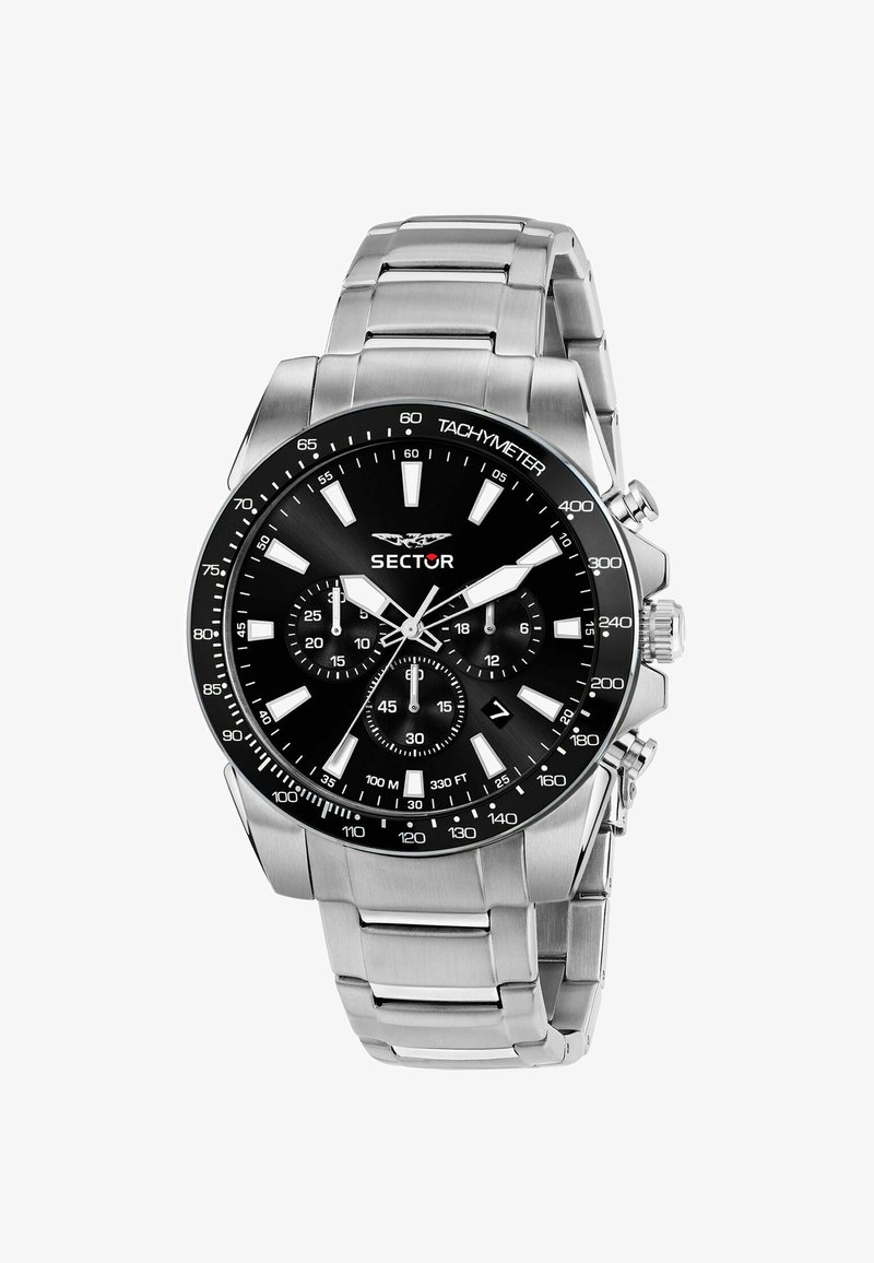 Roestvrijstalen chronograafhorloge met een zwarte wijzerplaat, tachymeter bezel, zilveren uurmarkeringen en drie subdials. Klassiek schakelkett Design.