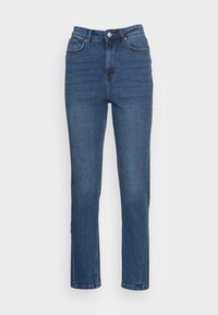 Jeans de cintura alta azul feitos de denim, com um silhueta ajustada, perna reta e um detalhe de costura subtil ao longo das costuras.