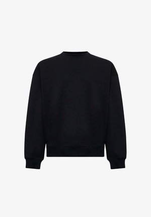 Felpa nera in cotone, con collo rotondo, maniche lunghe e polsini e orlo a costine. Texture liscia, design semplice.