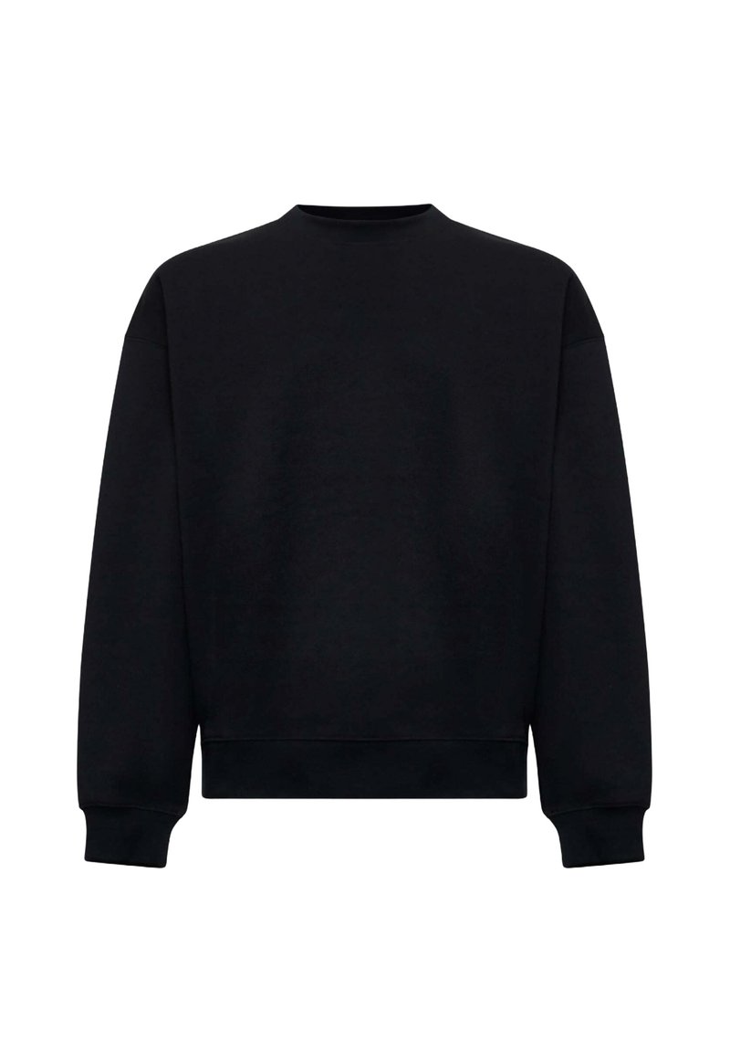 Felpa nera in cotone, con collo rotondo, maniche lunghe e polsini e orlo a costine. Texture liscia, design semplice.