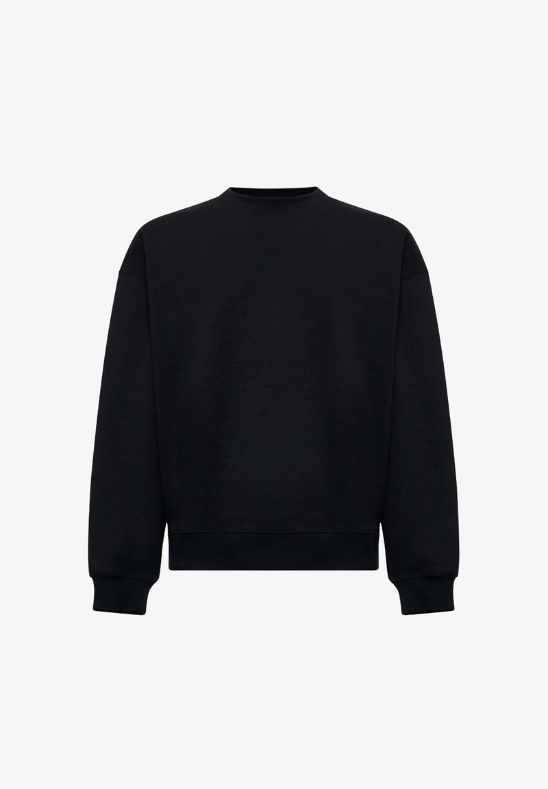 Felpa nera in cotone, con collo rotondo, maniche lunghe e polsini e orlo a costine. Texture liscia, design semplice.