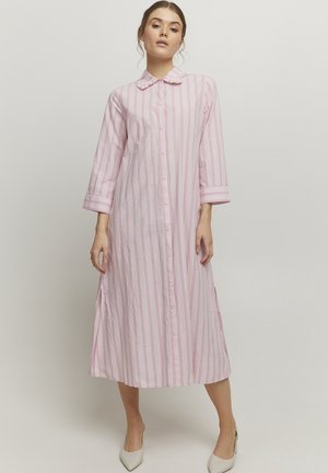 Pink striped shirt dress with a collar, long sleeves, button front, and side slits. Made from lightweight fabric with a slightly textured finish.
