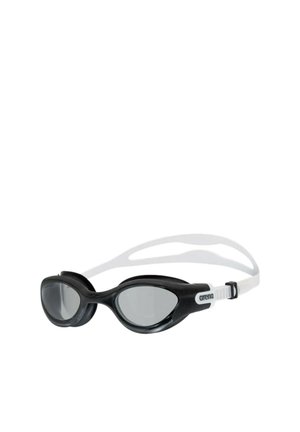 Occhialini da nuoto Arena bianco e nero con lenti scure e cinturino regolabile su sfondo bianco.