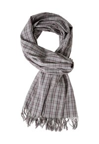 Plaid scarf in gray and burgundy with fringed edges. Lightweight fabric, soft texture, drapes in a circular shape.