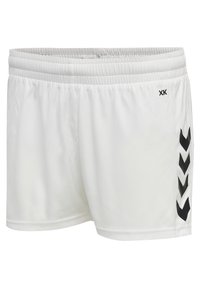 Pantalones cortos deportivos blancos con una cinturilla elástica, que presentan detalles en forma de flecha en negro a los lados y un logotipo minimalista en la esquina superior.