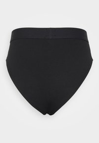 Black high-waisted briefs with a smooth texture and wide elastic waistband, featuring a classic cut and no visible patterns or accents.