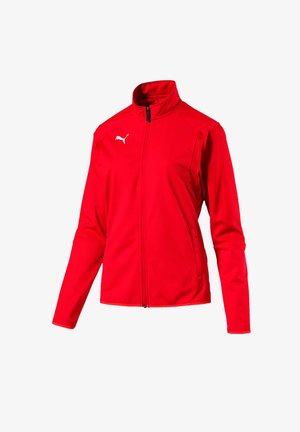 Chaqueta deportiva roja con cuello alto, cremallera completa, mangas largas y detalle de logotipo blanco; hecha de tela suave y ligera.
