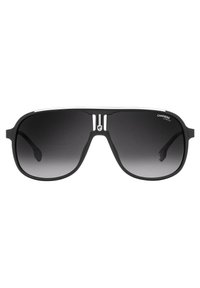 Ochelari de soare negri cu un cadru gros, lentile întunecate cu gradient, accente argintii în partea de sus și un logo pe lateral. Inclusă o caracteristică de protecție UV.