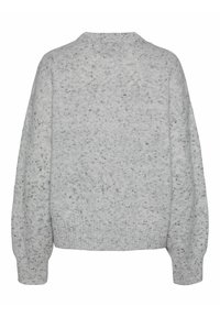 Pull tricoté gris clair à motifs tachetés avec manches longues, poignets et ourlet côtelés, vu de dos.