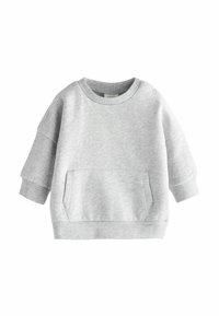 Lichtgrijze sweatshirt gemaakt van zachte stof. Heeft een ronde hals, een drop shoulder ontwerp, ribgebreide mouwen en een voorzak.
