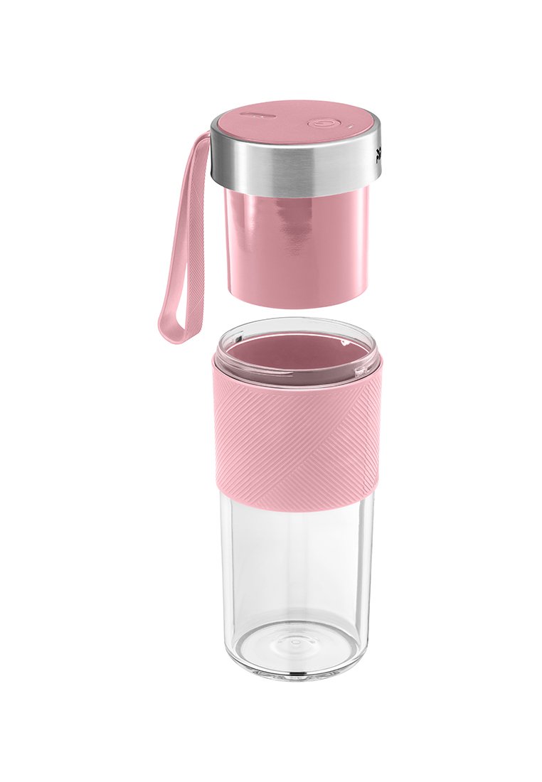 Klare Glasflasche mit pinkfarbigem strukturiertem Griff und pinkfarbigem isoliertem Deckel mit Tragriemen, der Deckel ist abgenommen und über der Flasche dargestellt.