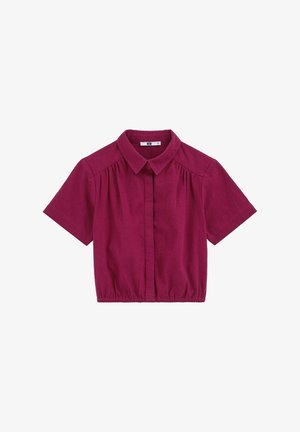 Kurzärmlige, gekürzte Bluse in tiefem Magenta mit Kragen, plissierten Schultern und elastischem Saumdetail.