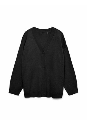 Zwarte oversized V-hals knooptrui met geribde afwerking op de mouwen, zoom en halslijn, plat weergegeven op een witte achtergrond.