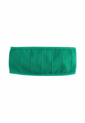Bandeau en tissu vert avec des coutures verticales texturées et des bords plats. Le matériau est extensible, conçu pour le confort et un ajustement sécurisé.