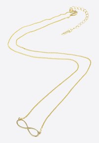 Collana in tono oro con una delicata catena e un pendente a simbolo dell'infinito. Presenta una superficie liscia e una lunghezza regolabile con chiusura a moschettone.